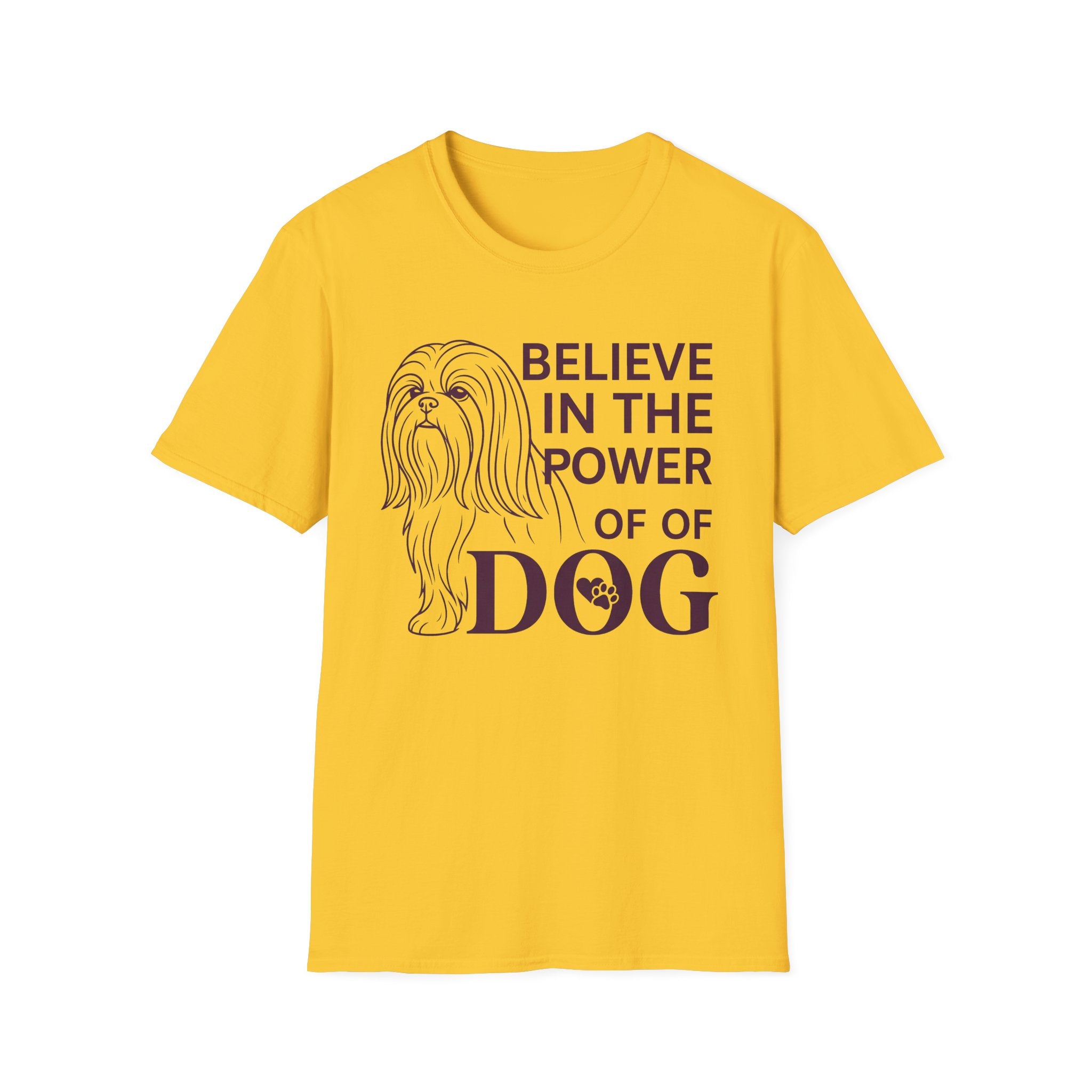 Believe in the Power of Dog Shih Tzu Line Art T-Shirt in yellow gold, flat lay, featuring a minimalist dark line art illustration of a Shih Tzu alongside bold text reading Believe in the Power of Dog with a paw print accent.