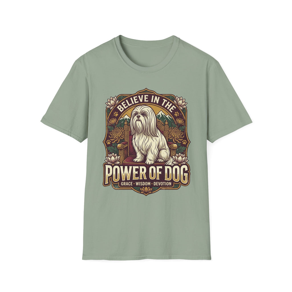 Believe in the Power of Dog Shih Tzu Throne T-Shirt in sage green, flat lay, featuring a vintage badge graphic of a fluffy white Shih Tzu seated regally on a throne surrounded by lotus flowers and mountains, with text reading Believe in the Power of Dog and Grace, Wisdom, Devotion.