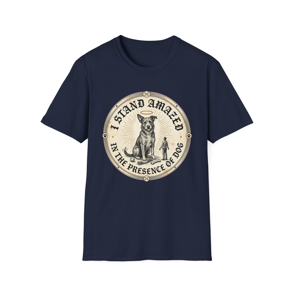 I Stand Amazed Rescue Mutt T-Shirt in navy, flat lay front view featuring a vintage-style circular graphic of a halo-wearing mixed-breed rescue dog with the text 'I Stand Amazed in the Presence of Dog.'