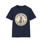 I Stand Amazed Rescue Mutt T-Shirt in navy, flat lay front view featuring a vintage-style circular graphic of a halo-wearing mixed-breed rescue dog with the text 'I Stand Amazed in the Presence of Dog.'