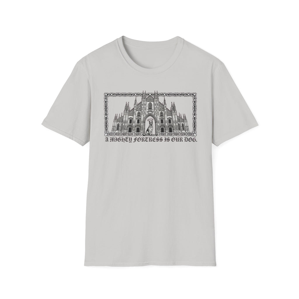 A Mighty Fortress is Our Dog T-Shirt flat lay in silver gray featuring a detailed gothic cathedral illustration with a dog standing in the doorway, framed in an ornate border with text below.