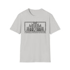 A Mighty Fortress is Our Dog T-Shirt flat lay in silver gray featuring a detailed gothic cathedral illustration with a dog standing in the doorway, framed in an ornate border with text below.