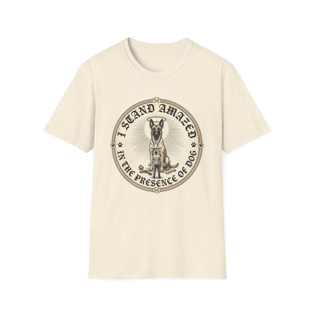 I Stand Amazed Belgian Malinois T-Shirt in natural, flat lay front view featuring a vintage-style circular graphic of a Belgian Malinois with a halo, with the text 'I Stand Amazed in the Presence of Dog.'