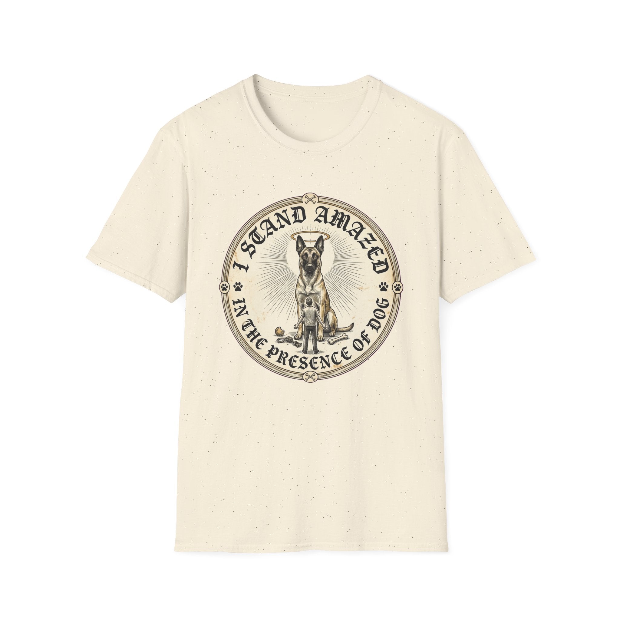 I Stand Amazed Belgian Malinois T-Shirt in natural, flat lay front view featuring a vintage-style circular graphic of a Belgian Malinois with a halo, with the text 'I Stand Amazed in the Presence of Dog.'