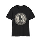 Saint Waffles Protect Us T-Shirt flat lay in black, featuring a vintage medallion graphic of a Rottweiler standing protectively beside a small child with the text Saint Waffles Protect Us.