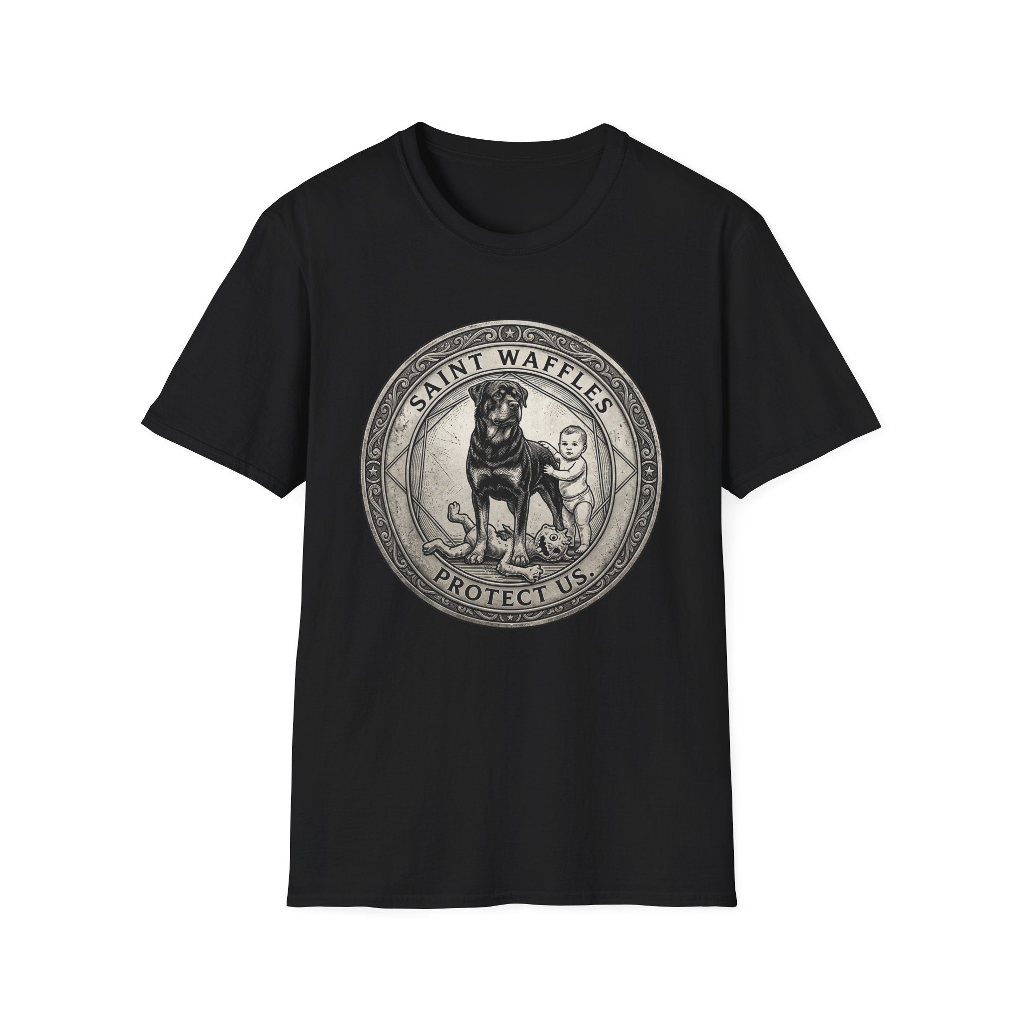 Saint Waffles Protect Us T-Shirt flat lay in black, featuring a vintage medallion graphic of a Rottweiler standing protectively beside a small child with the text Saint Waffles Protect Us.