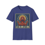 Let Go Let Dog Pug T-Shirt, flat lay on royal blue tee featuring a vintage-style graphic of a red setter dog with paws raised encircled by stars and the text Let Go and Let Dog.