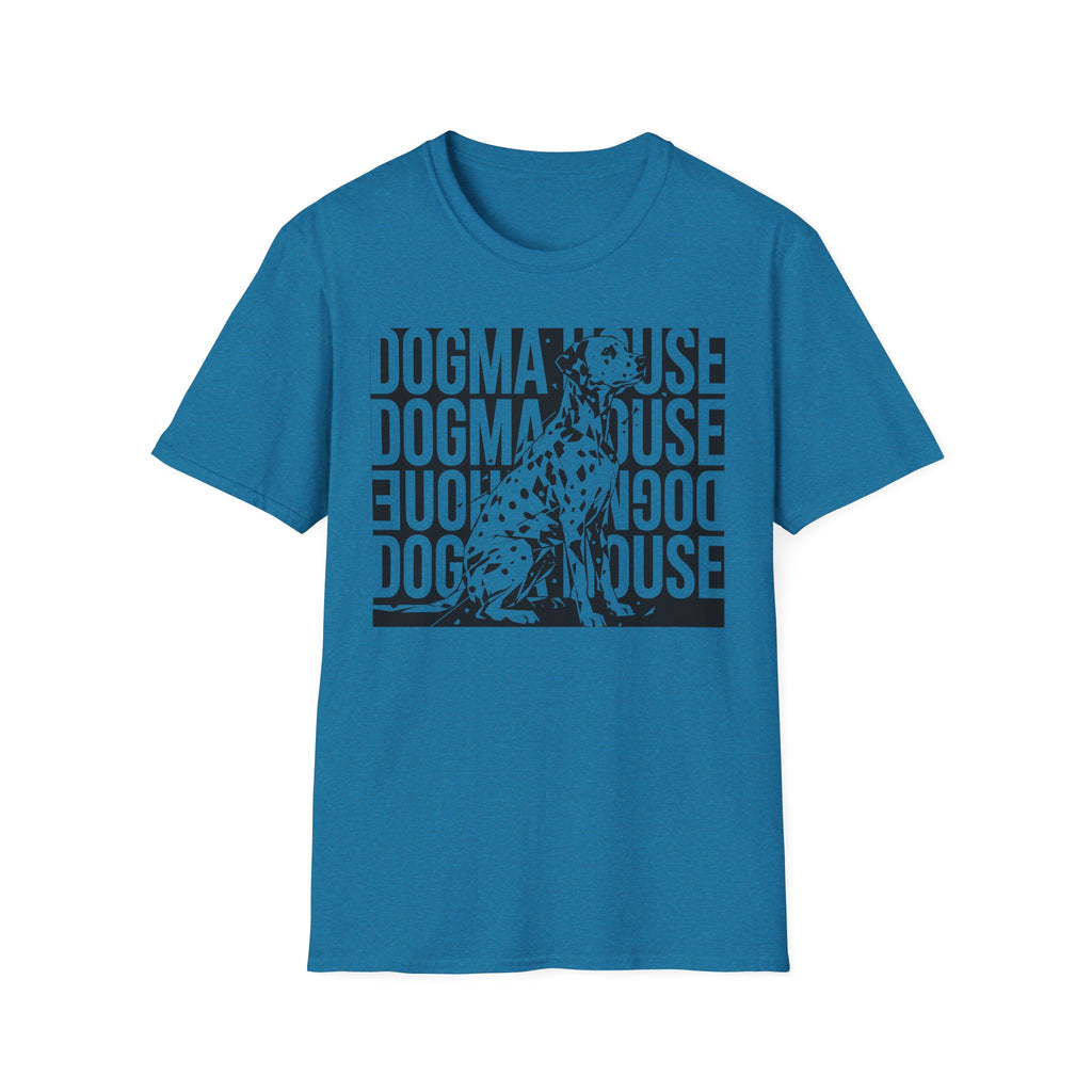 Dogma House Dalmatian T-Shirt flat lay in sapphire blue, featuring a tonal dark blue graphic of a seated Dalmatian overlaid on a repeating 'Dogma House' text block in a street-art style.