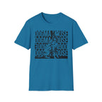 Dogma House Dalmatian T-Shirt flat lay in sapphire blue, featuring a tonal dark blue graphic of a seated Dalmatian overlaid on a repeating 'Dogma House' text block in a street-art style.