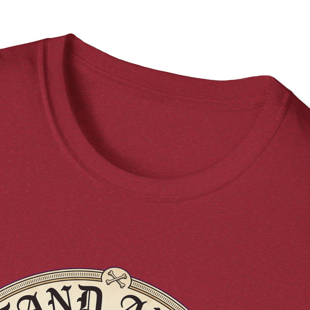 I Stand Amazed Belgian Malinois T-Shirt in cardinal red, close-up of the neckline and upper graphic detail showing the circular Belgian Malinois design with crossed-bone medallion and vintage lettering.