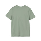 Believe in the Power of Dog T-Shirt back view flat lay in sage green, plain crew neck tee with no back print.