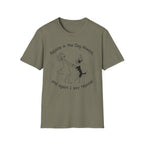 Rejoice in the Dog T-Shirt in military green, flat lay, featuring a playful line drawing of a woman joyfully dancing with a leaping dog and the text 'Rejoice in the Dog Always, and again I say rejoice!'