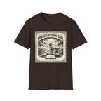 How Great Thou Bark Monotone T-Shirt flat lay on dark brown shirt featuring a vintage-style sepia graphic of a dog standing on a hilltop with divine rays of light and an open bible, with the text 'How Great Thou Bark – A Hymn for the Devoted.'