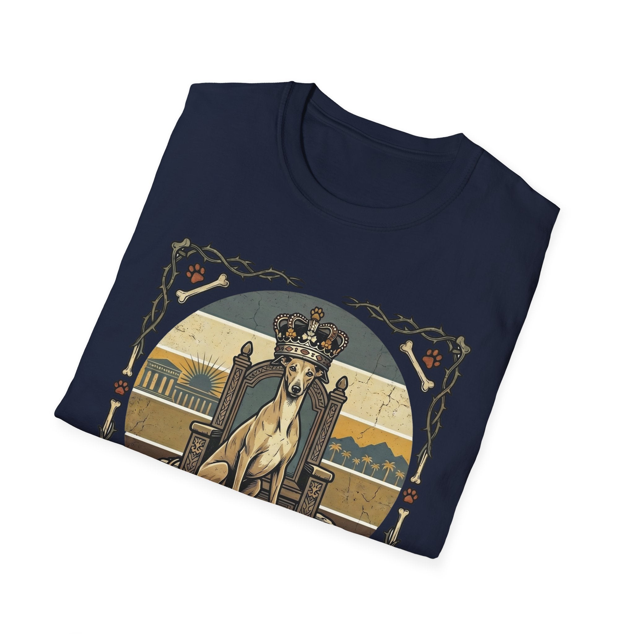For the Love of Dog Whippet T-Shirt folded view in black showing the crowned whippet on throne graphic with thorn and bone border.