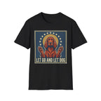 Let Go Let Dog Pug T-Shirt, flat lay on black tee featuring a vintage-style graphic of a red setter dog with paws raised encircled by stars and the text Let Go and Let Dog.