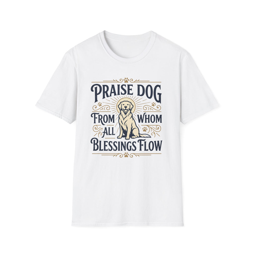 Praise Dog From Whom All Blessings Flow Golden Retriever T-Shirt flat lay in white, featuring a vintage-style graphic of a seated golden retriever with a glowing halo, surrounded by ornate scroll flourishes and paw print accents.