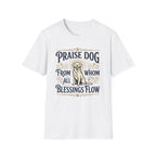Praise Dog From Whom All Blessings Flow Golden Retriever T-Shirt flat lay in white, featuring a vintage-style graphic of a seated golden retriever with a glowing halo, surrounded by ornate scroll flourishes and paw print accents.