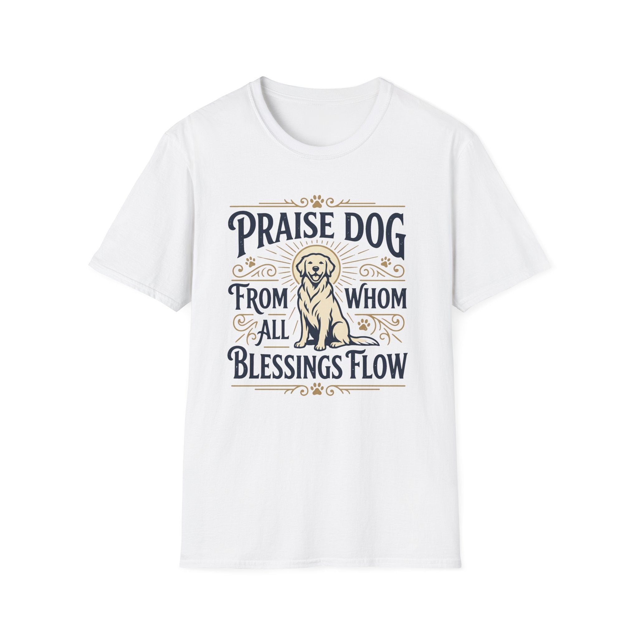 Praise Dog From Whom All Blessings Flow Golden Retriever T-Shirt flat lay in white, featuring a vintage-style graphic of a seated golden retriever with a glowing halo, surrounded by ornate scroll flourishes and paw print accents.