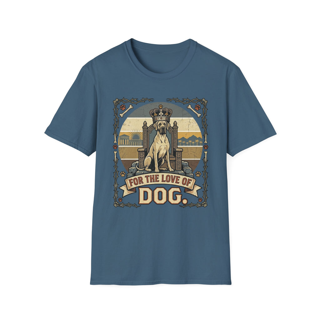 For the Love of Dog Great Dane T-Shirt flat lay in indigo blue featuring a crowned Great Dane seated on a throne in a vintage illustration with an ornate thorn and bone border, "For the Love of Dog" banner below.