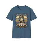 For the Love of Dog Great Dane T-Shirt flat lay in indigo blue featuring a crowned Great Dane seated on a throne in a vintage illustration with an ornate thorn and bone border, "For the Love of Dog" banner below.