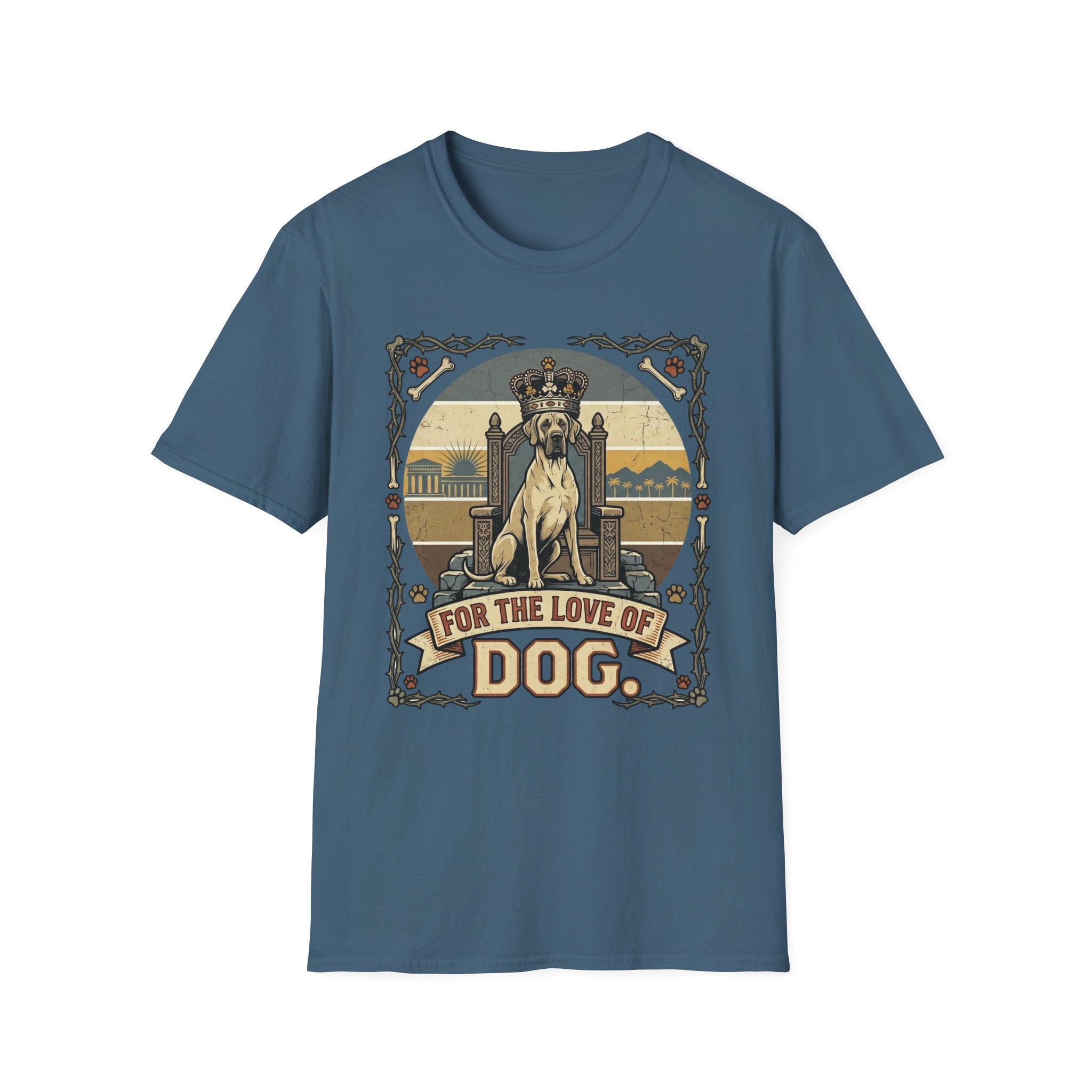 For the Love of Dog Great Dane T-Shirt flat lay in indigo blue featuring a crowned Great Dane seated on a throne in a vintage illustration with an ornate thorn and bone border, "For the Love of Dog" banner below.