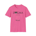 Dogma House Logo Light T-Shirt flat lay in heliconia pink, featuring the Dogma House brand logo with a border collie face with a golden halo and the tagline "Praise Be To Dog." and "Woof." text.