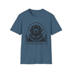 Holy Orders | Newfoundland T-Shirt flat lay on sage green shirt featuring a stained glass style illustration of a Newfoundland depicted as a holy figure with a golden halo and the text 'Holy Orders.'