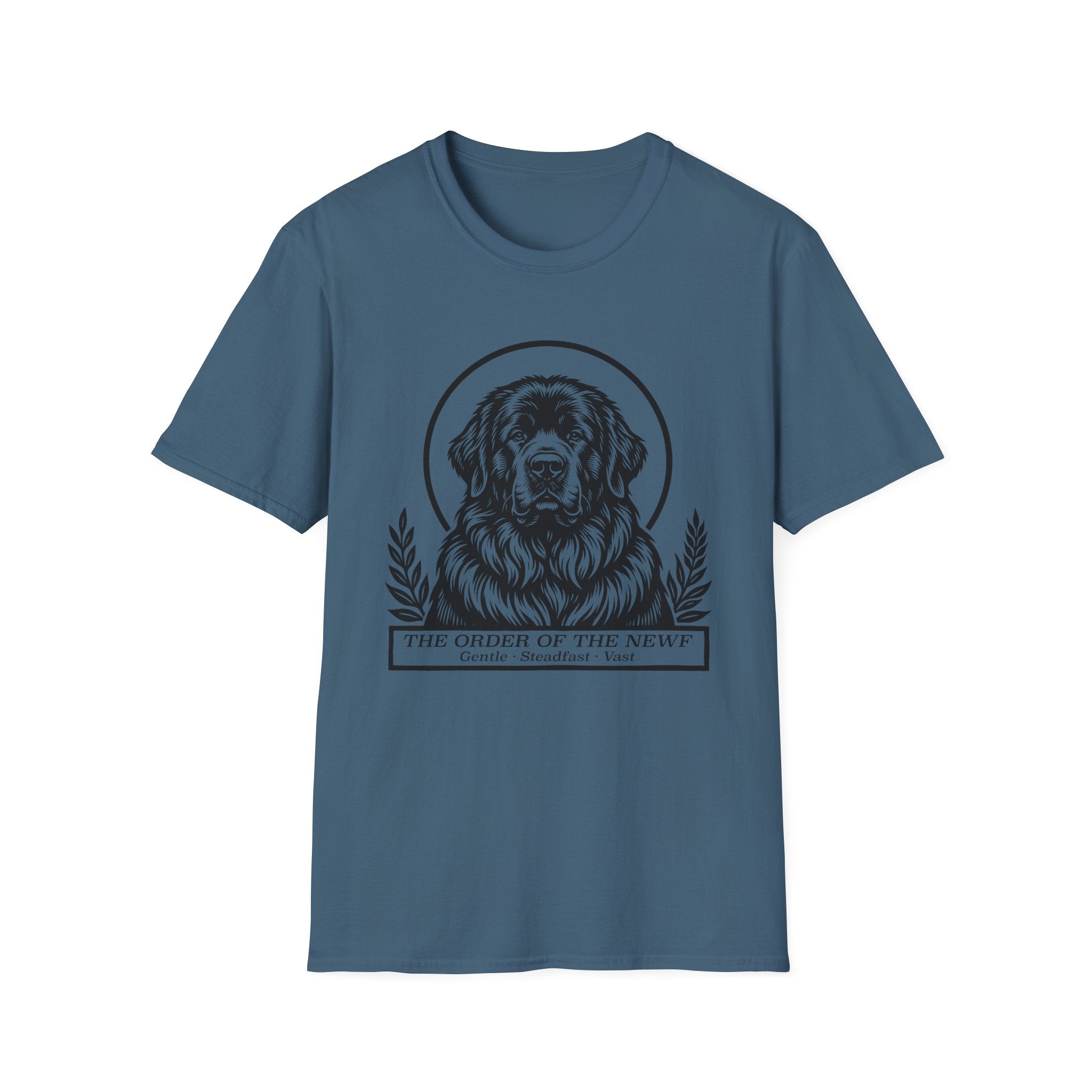Holy Orders | Newfoundland T-Shirt flat lay on sage green shirt featuring a stained glass style illustration of a Newfoundland depicted as a holy figure with a golden halo and the text 'Holy Orders.'
