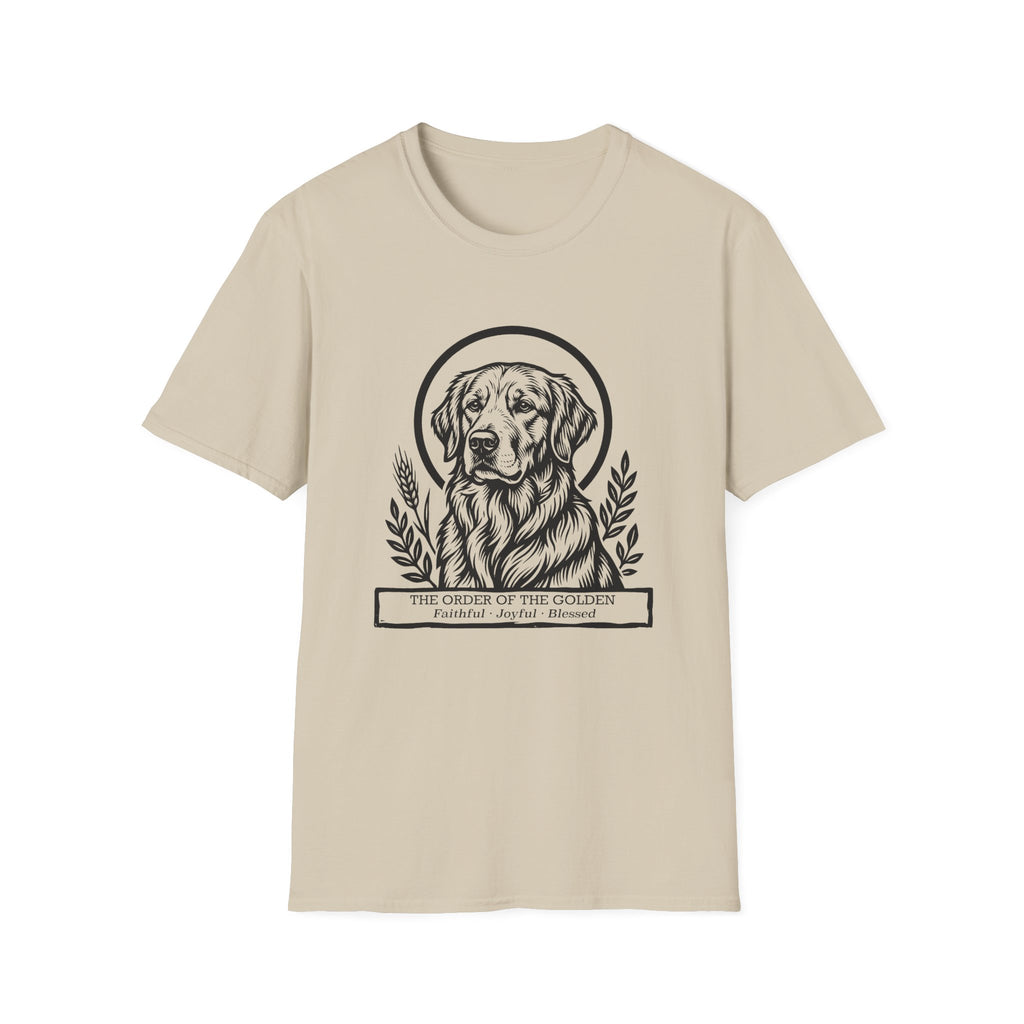 Holy Orders | Golden Retriever T-Shirt flat lay on black shirt featuring a stained glass style illustration of a Golden Retriever depicted as a holy figure with a golden halo and the text 'Holy Orders.'
