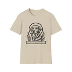 Holy Orders | Golden Retriever T-Shirt flat lay on black shirt featuring a stained glass style illustration of a Golden Retriever depicted as a holy figure with a golden halo and the text 'Holy Orders.'
