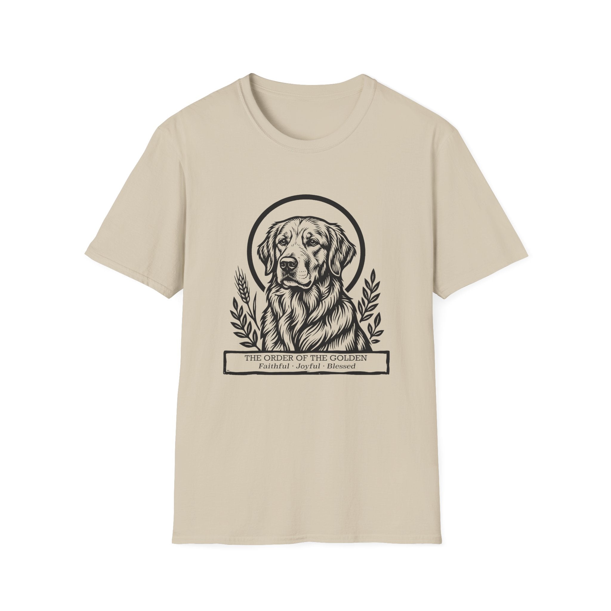 Holy Orders | Golden Retriever T-Shirt flat lay on black shirt featuring a stained glass style illustration of a Golden Retriever depicted as a holy figure with a golden halo and the text 'Holy Orders.'