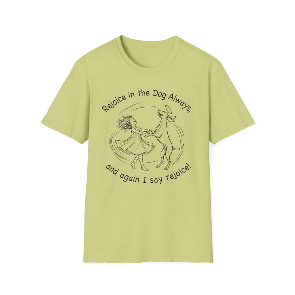 Rejoice in the Dog Vizsla T-Shirt in lime green, flat lay mockup showing a woman joyfully dancing with a slender Vizsla line-art illustration and the text 'Rejoice in the Dog Always, and again I say rejoice!'