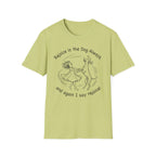 Rejoice in the Dog Vizsla T-Shirt in lime green, flat lay mockup showing a woman joyfully dancing with a slender Vizsla line-art illustration and the text 'Rejoice in the Dog Always, and again I say rejoice!'