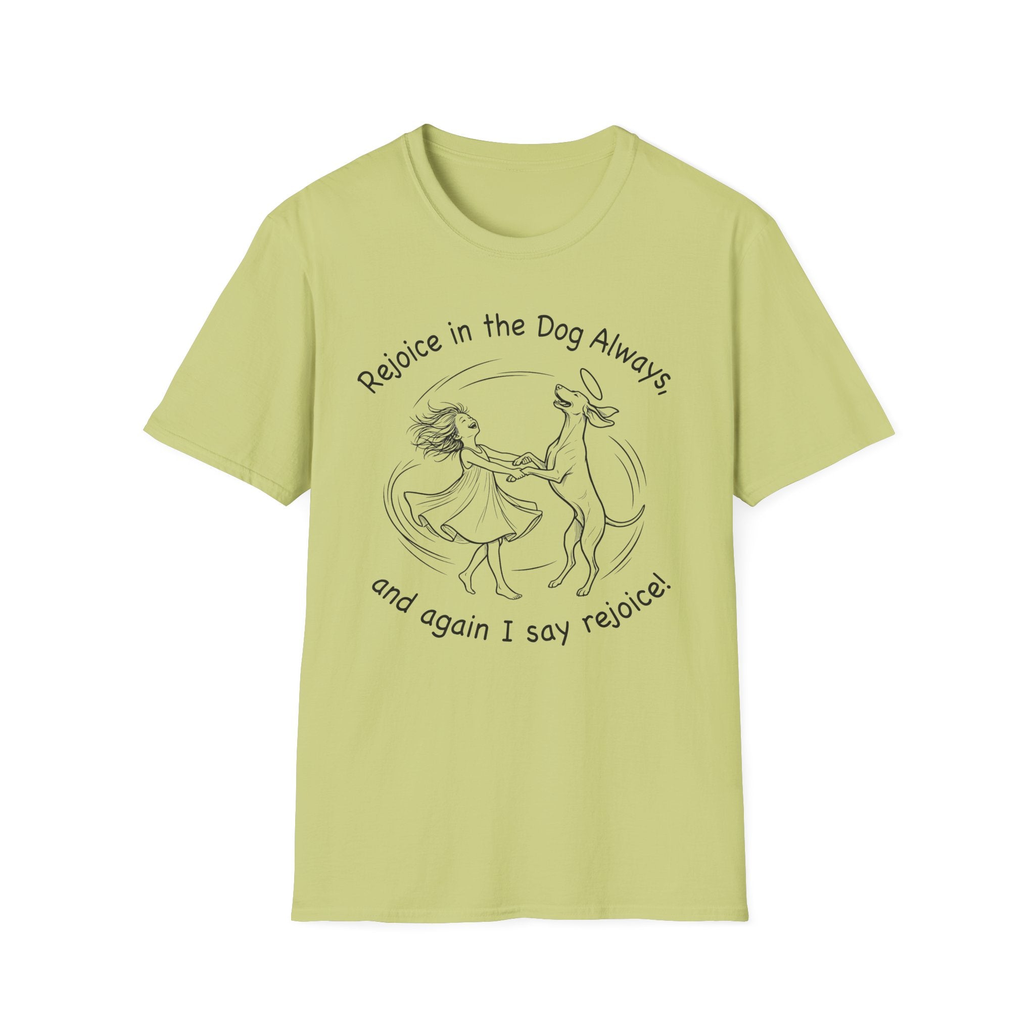 Rejoice in the Dog Vizsla T-Shirt in lime green, flat lay mockup showing a woman joyfully dancing with a slender Vizsla line-art illustration and the text 'Rejoice in the Dog Always, and again I say rejoice!'