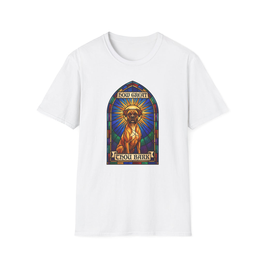 How Great Thou Bark Boxer T-Shirt flat lay on white shirt featuring a stained glass arched window graphic of a saintly Boxer dog seated with a golden halo, with 'How Great Thou Bark' scrolls above and below.