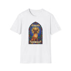 How Great Thou Bark Boxer T-Shirt flat lay on white shirt featuring a stained glass arched window graphic of a saintly Boxer dog seated with a golden halo, with 'How Great Thou Bark' scrolls above and below.