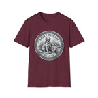 Saint Biscuit Heal Us T-shirt flat lay in maroon, featuring a vintage-style medallion graphic of a golden retriever dog watching over a reclining figure with the text 'Saint Biscuit Heal Us'.