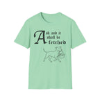 Pitbull Ask and It Shall Be Fetched T-Shirt flat lay on navy shirt featuring a Shel Silverstein-style pen-and-ink illustration of a Pitbull proudly trotting with a baby in a reed basket and the text 'Ask and it shall be fetched.'