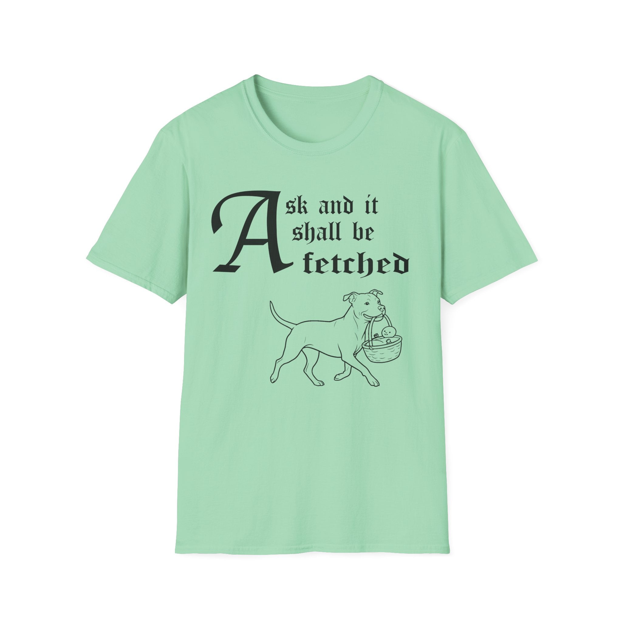 Pitbull Ask and It Shall Be Fetched T-Shirt flat lay on navy shirt featuring a Shel Silverstein-style pen-and-ink illustration of a Pitbull proudly trotting with a baby in a reed basket and the text 'Ask and it shall be fetched.'