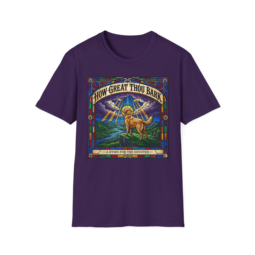 How Great Thou Bark Golden Retriever T-shirt flat lay, purple shirt featuring a stained-glass style graphic of a golden retriever on a hilltop with sunbeams and the text 'How Great Thou Bark – A Hymn for the Devoted.'