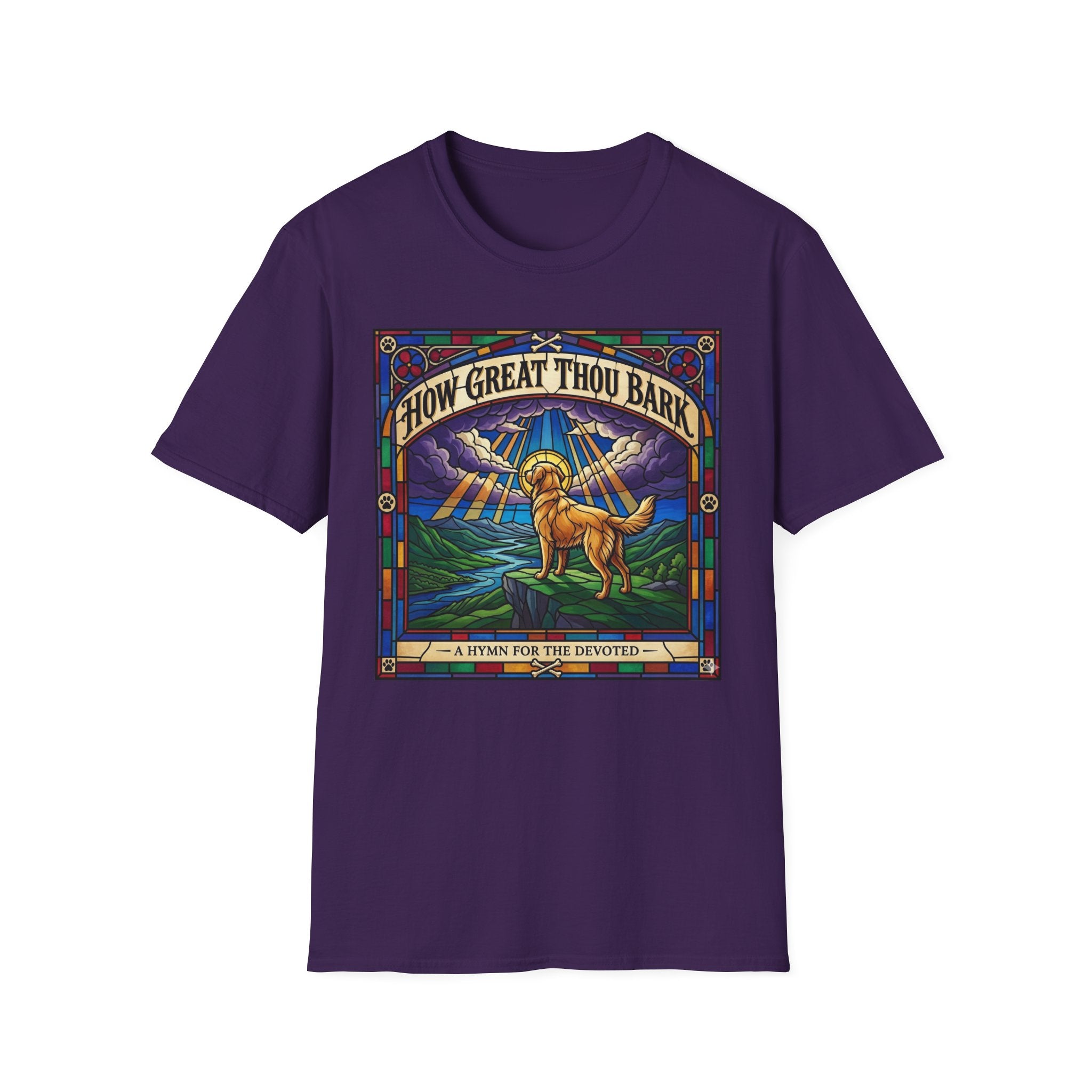 How Great Thou Bark Golden Retriever T-shirt flat lay, purple shirt featuring a stained-glass style graphic of a golden retriever on a hilltop with sunbeams and the text 'How Great Thou Bark – A Hymn for the Devoted.'