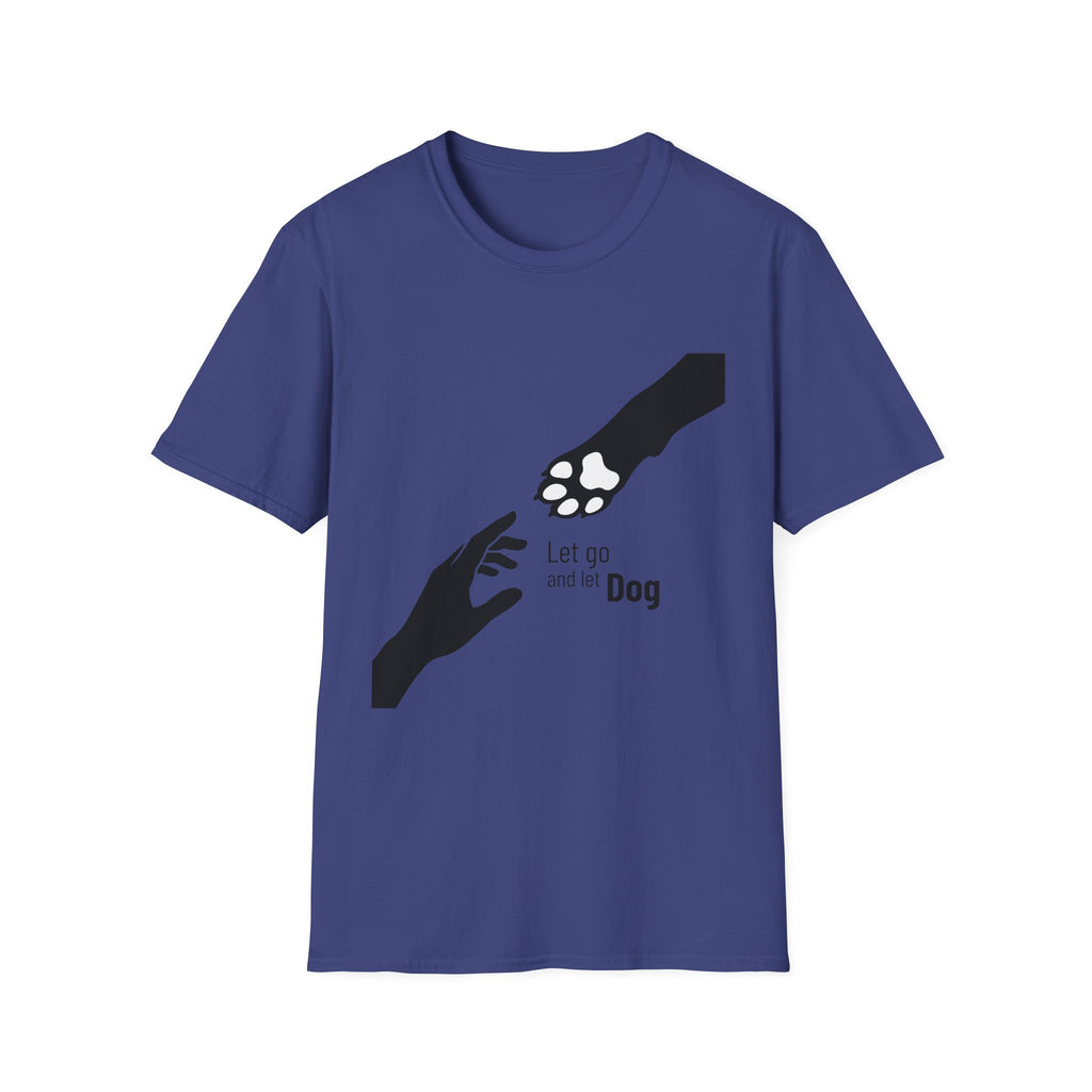 Let Go Let Dog Paw T-Shirt, flat lay on royal blue tee featuring a bold silhouette graphic of a human hand reaching toward a dog paw with the text Let go and let Dog.