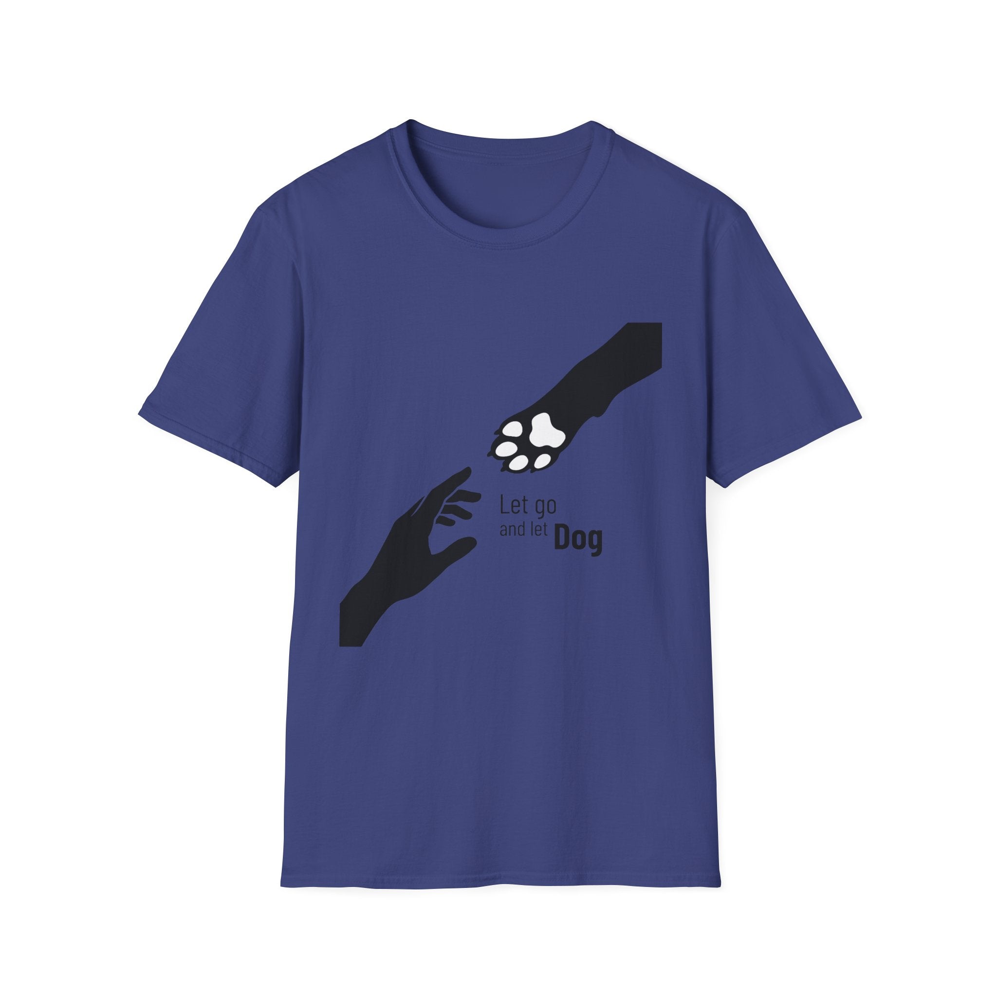 Let Go Let Dog Paw T-Shirt, flat lay on royal blue tee featuring a bold silhouette graphic of a human hand reaching toward a dog paw with the text Let go and let Dog.