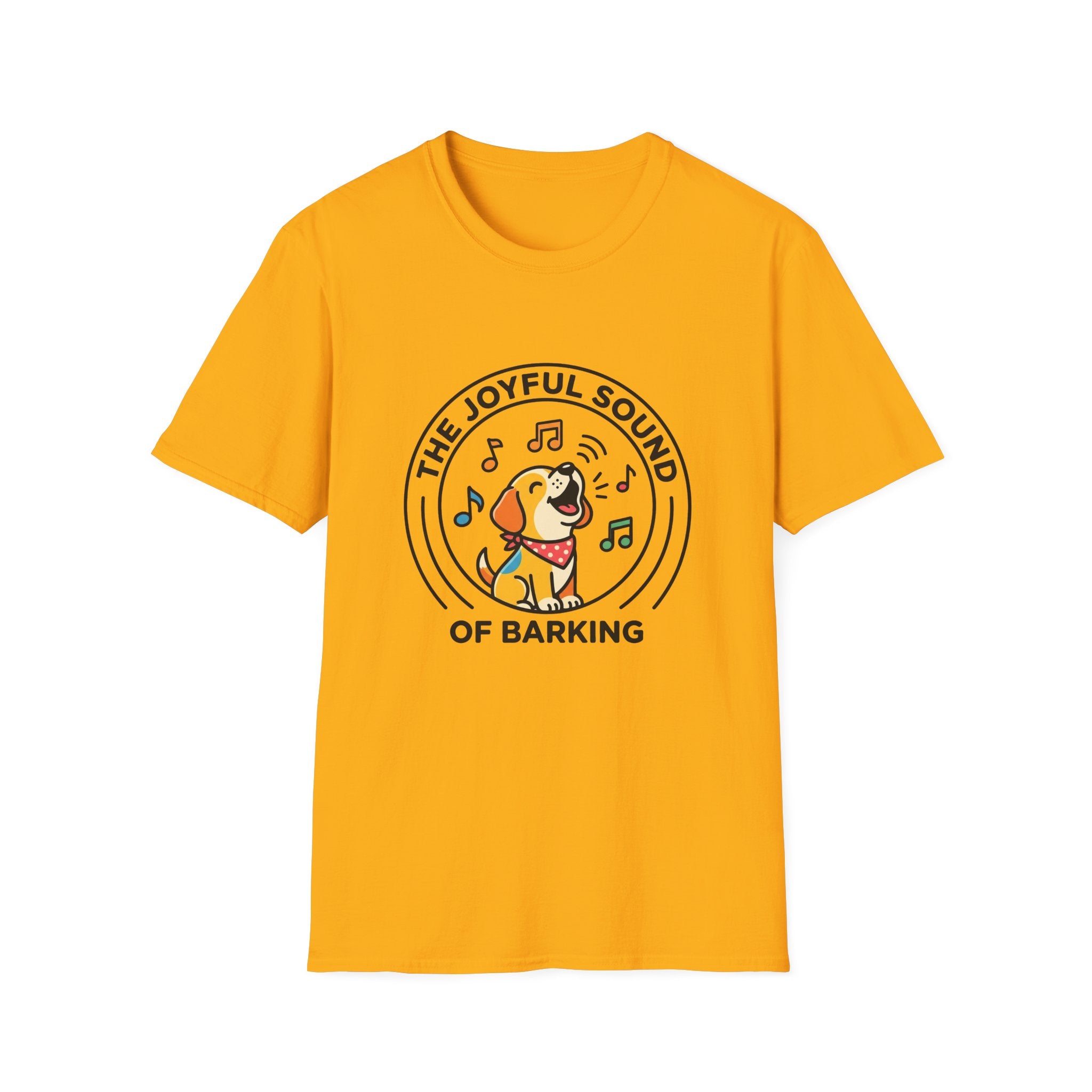 The Joyful Sound of Barking T-shirt flat lay, gold shirt featuring a circular badge graphic of a cartoon yellow dog with a red bandana howling joyfully with musical notes and the text 'The Joyful Sound of Barking.'