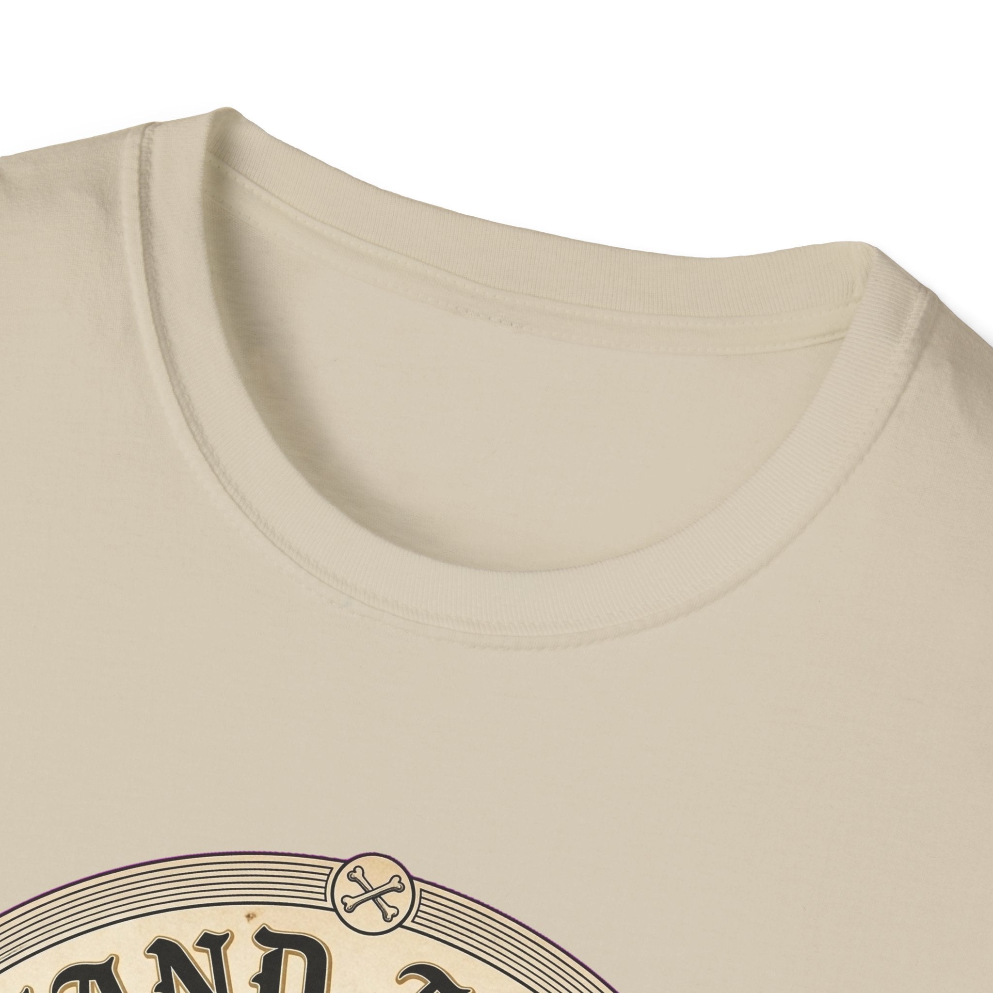 I Stand Amazed Great Dane T-Shirt close-up of the neckline on a sand shirt, showing the top arc of the circular Great Dane graphic.