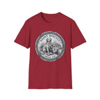 Saint Biscuit Heal Us T-shirt flat lay in cardinal red, featuring a vintage-style medallion graphic of a golden retriever dog watching over a reclining figure with the text 'Saint Biscuit Heal Us'.