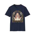Let Go Let Dog Basset Hound T-Shirt in navy blue, flat lay, featuring an Art Nouveau-style oval frame with floral motifs and a serene basset hound raising both paws with the text 'Let Go and Let Dog'.