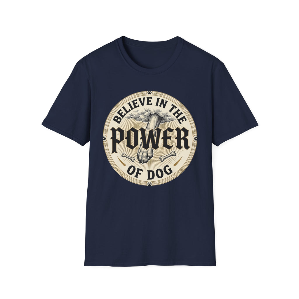 Believe in the Power of Dog Paw T-shirt flat lay in navy blue, featuring a circular vintage badge graphic of a dog paw raised like a fist from clouds above crossed bones, with paw print accents and bold text.