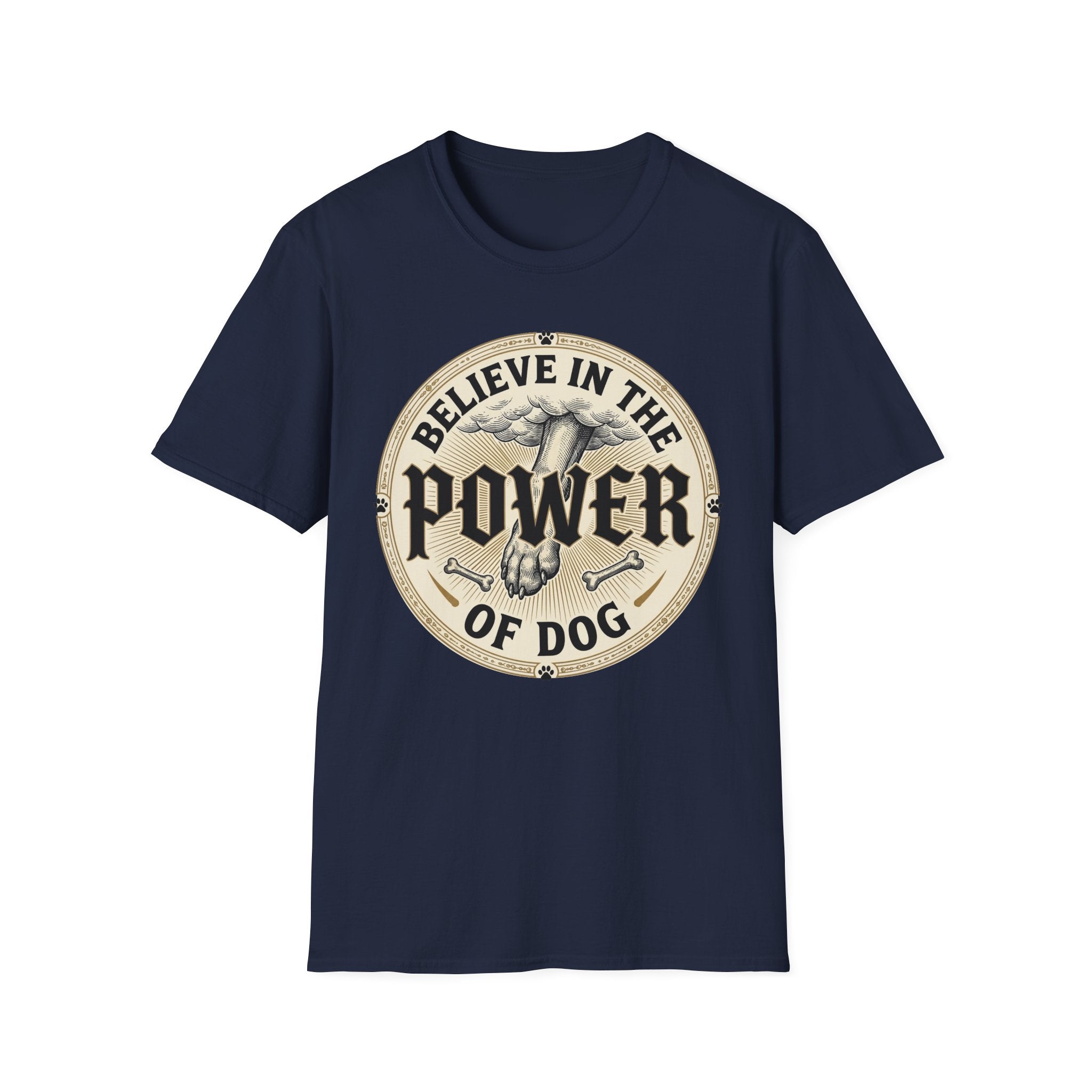 Believe in the Power of Dog Paw T-shirt flat lay in navy blue, featuring a circular vintage badge graphic of a dog paw raised like a fist from clouds above crossed bones, with paw print accents and bold text.