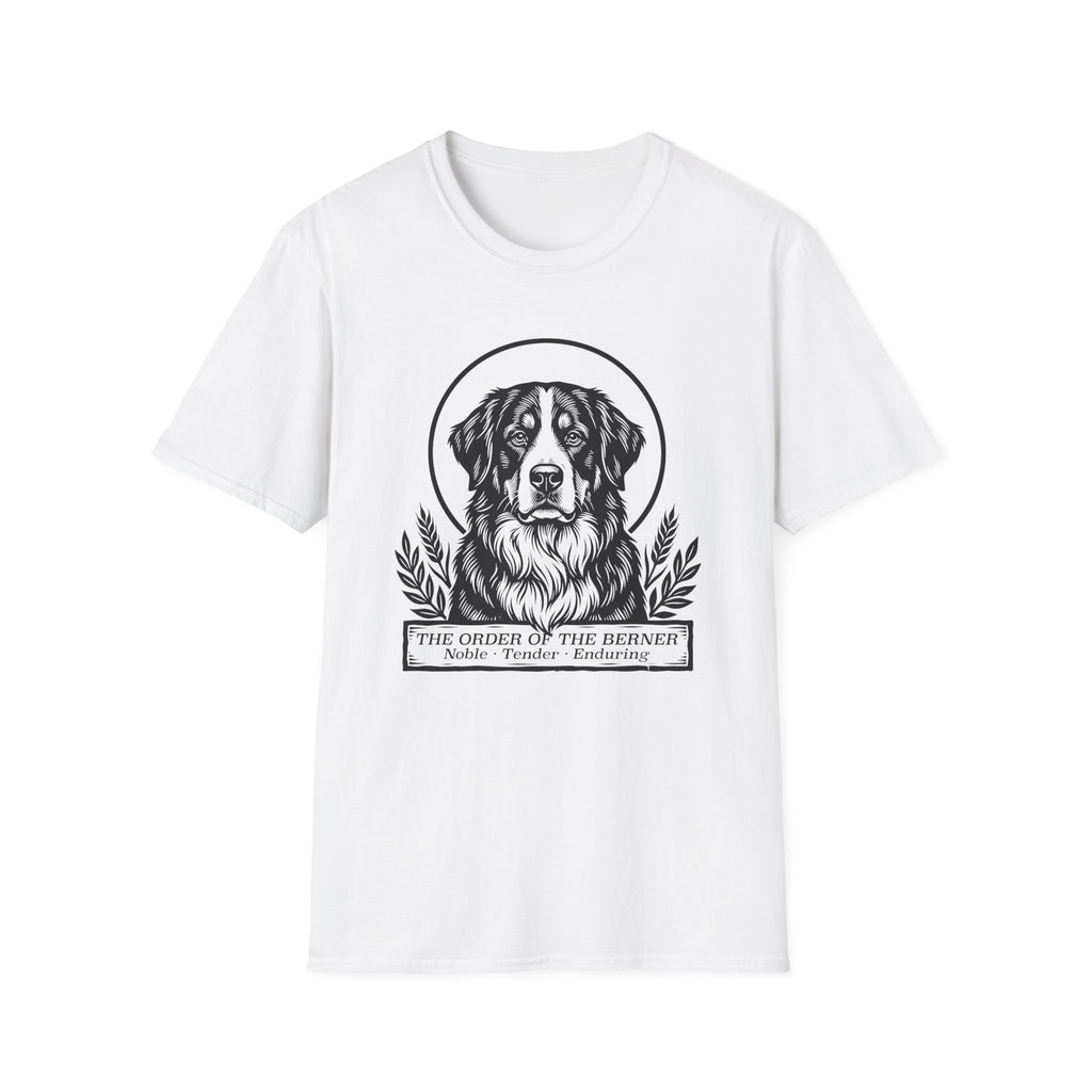 Holy Orders | Bernese Mountain Dog T-Shirt flat lay on navy shirt featuring a stained glass style illustration of a Bernese Mountain Dog depicted as a holy figure with a golden halo and the text 'Holy Orders.'